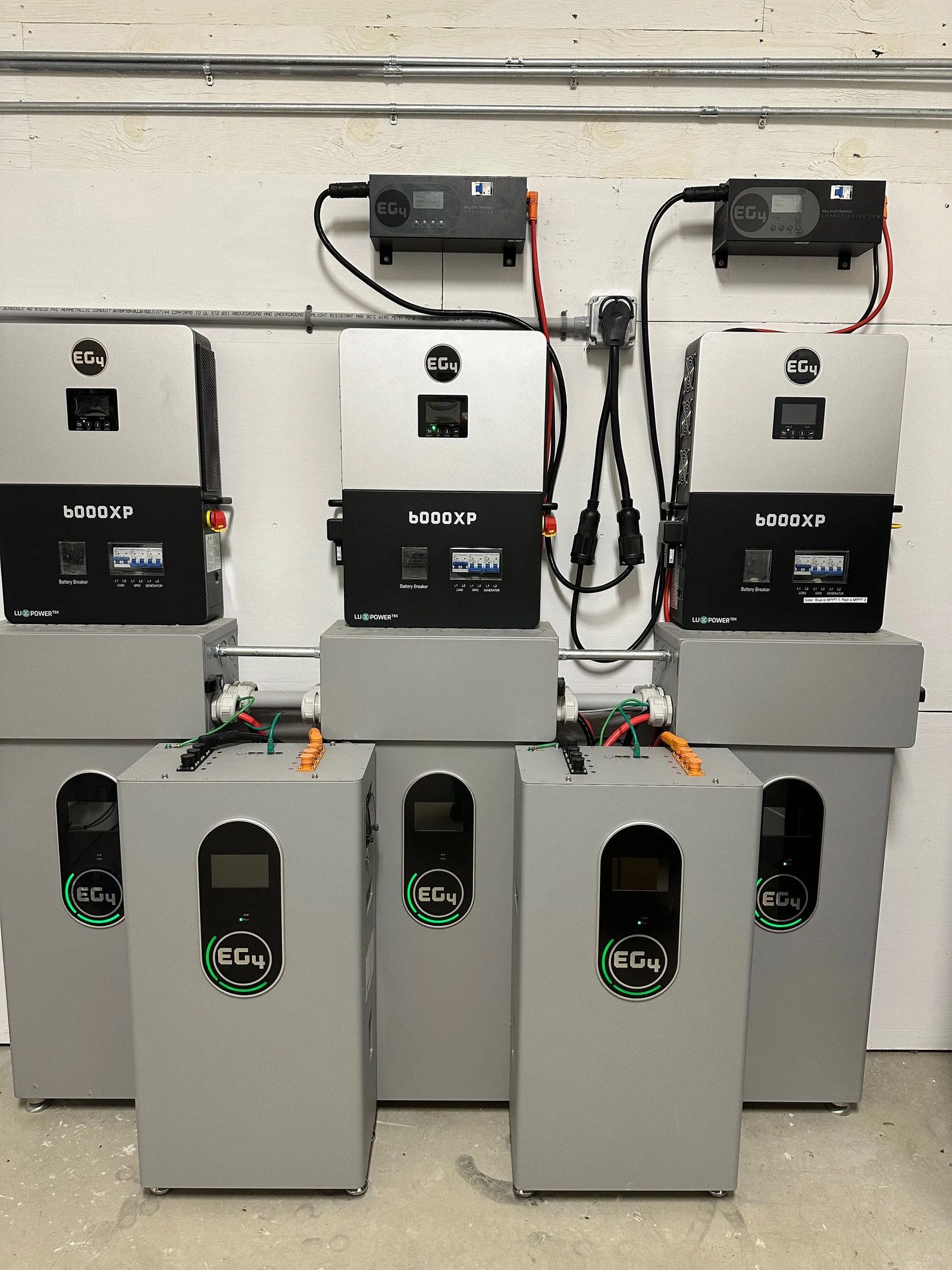 PV system for the barnpartment showing chargeverters at top, inverters/chargers, wiring boxes, and batteries. The Lynx distributor that connects the chargeverters to the batteries is mounted to the wall between the middle and right rear batteries.
